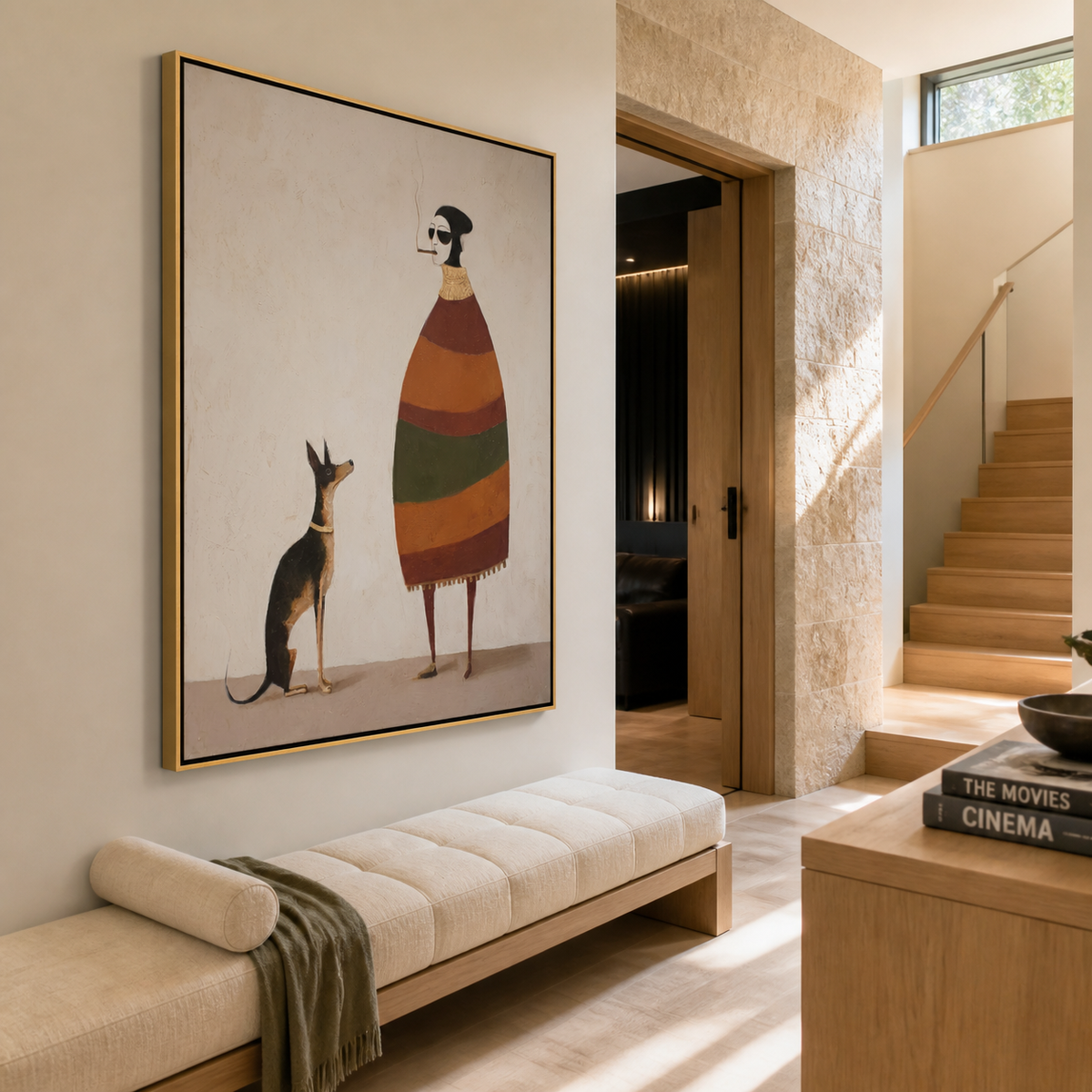 Striped Dress Loyal Shadow woman and tall dog painting displayed in a styled interior