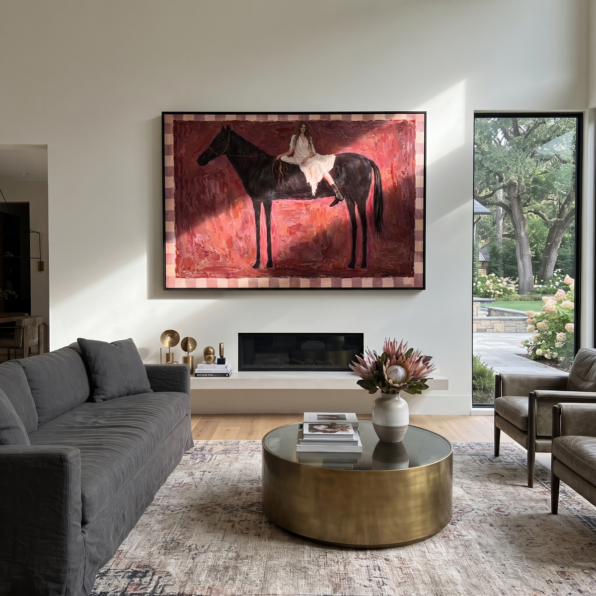 Crimson Saddle Quiet Rider woman on black horse painting displayed in a styled interior