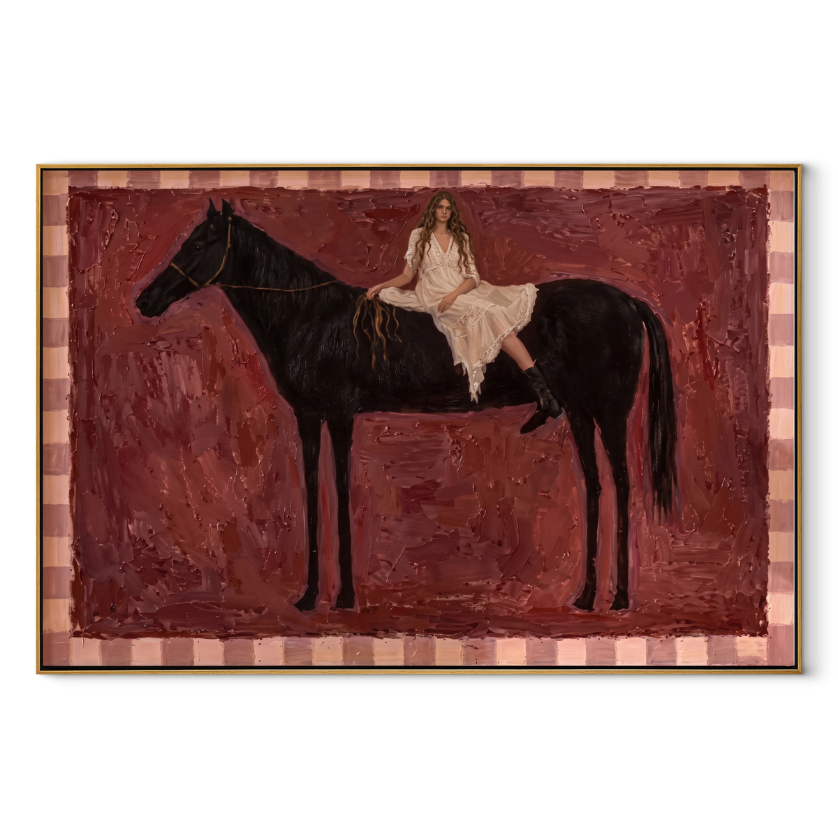 Crimson Saddle Quiet Rider wide panoramic painting in a wood frame on a white background