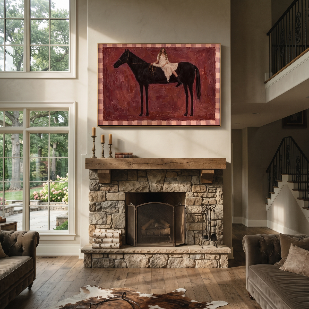 Crimson Saddle Quiet Rider people and pets wall art above contemporary furnishings