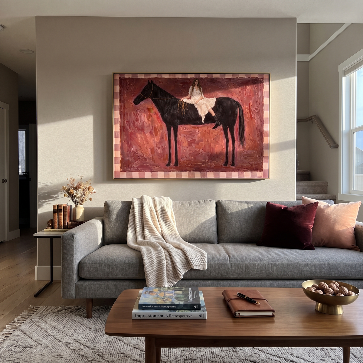 Crimson Saddle Quiet Rider painting presented in an alternate room setting
