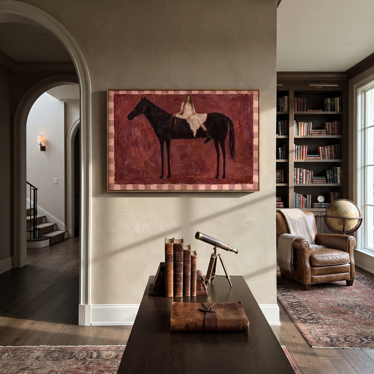 Crimson Saddle Quiet Rider artwork styled as a warm modern focal point
