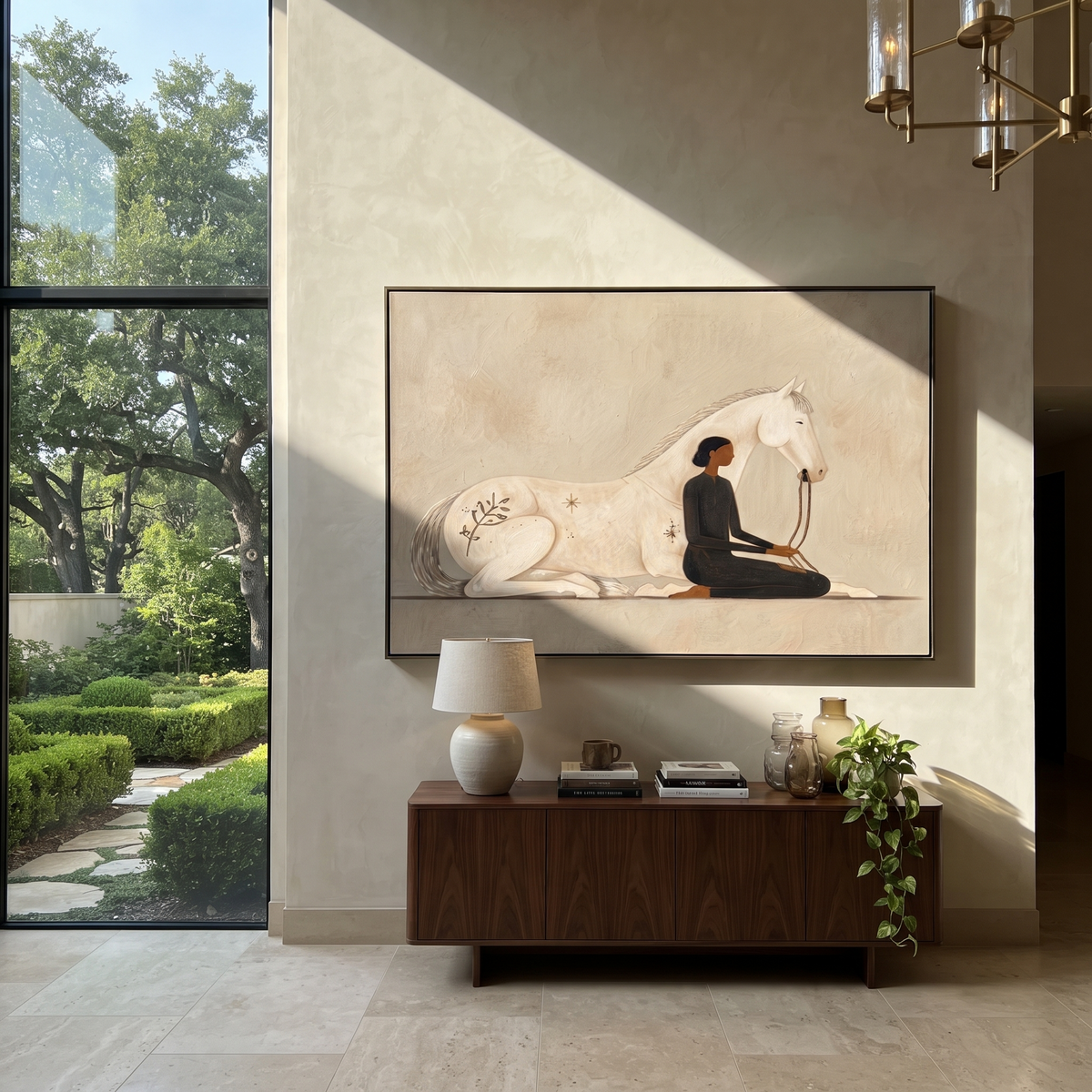 White Horse Shared Stillness seated woman and white horse painting displayed in a styled interior