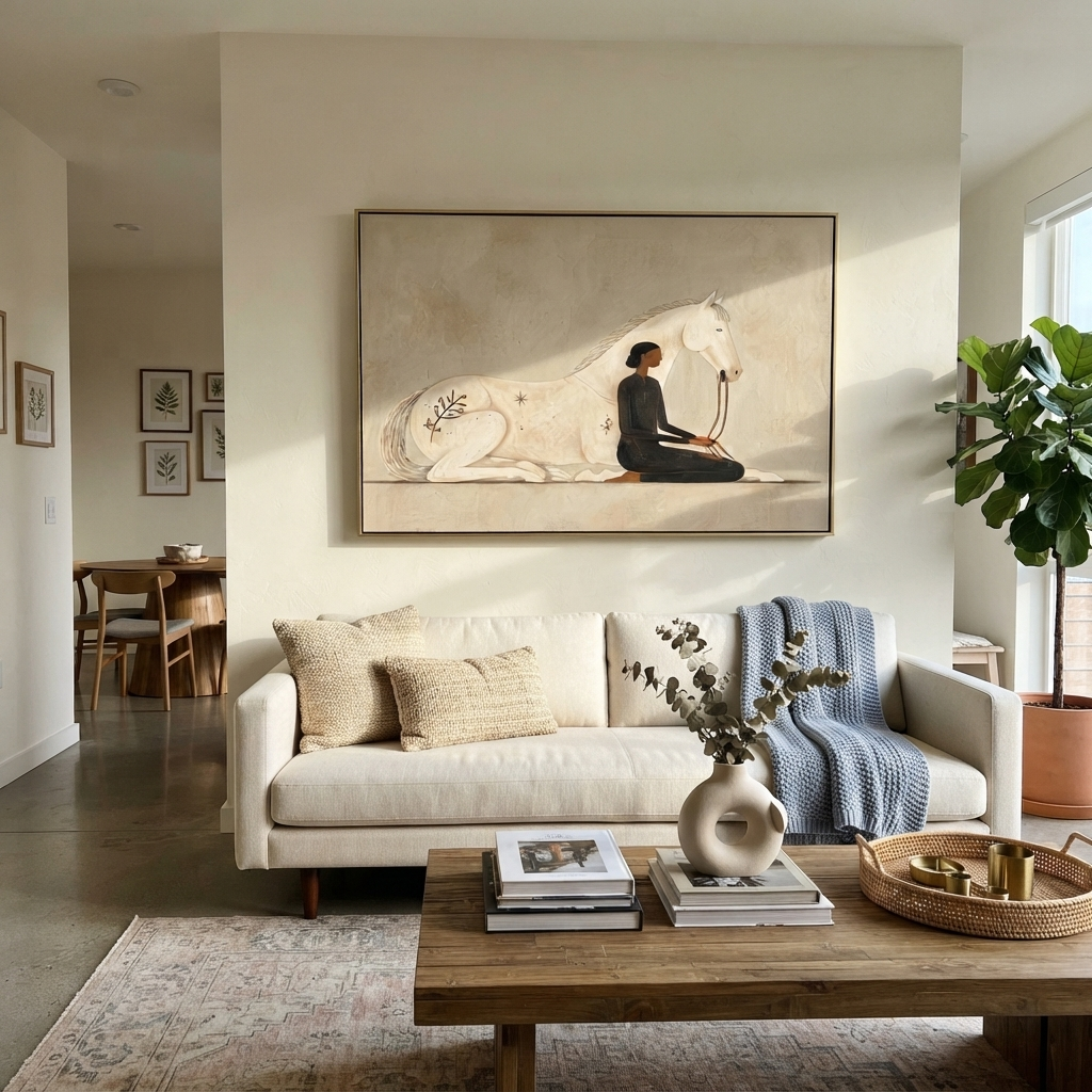 White Horse Shared Stillness artwork styled as a warm modern focal point