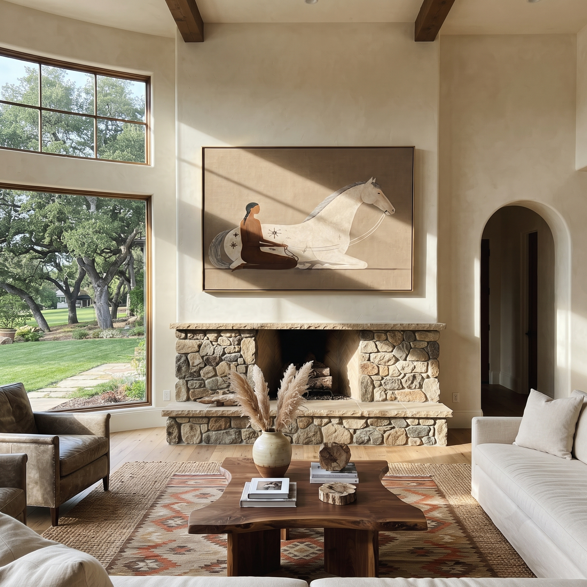 Resting Horse Grounded Calm woman beside reclining horse painting displayed in a styled interior