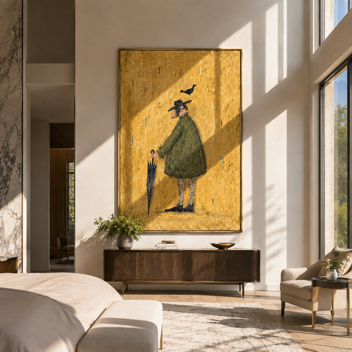 Black Bird Green Coat person with bird and dog painting displayed in a styled interior