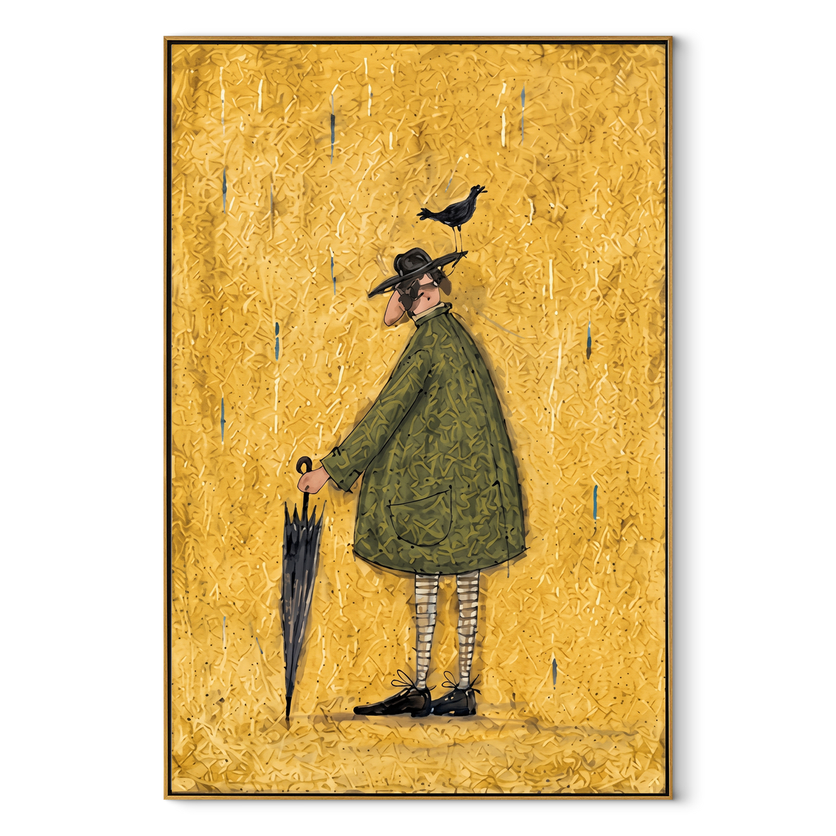 Black Bird Green Coat vertical painting in a wood frame on a white background