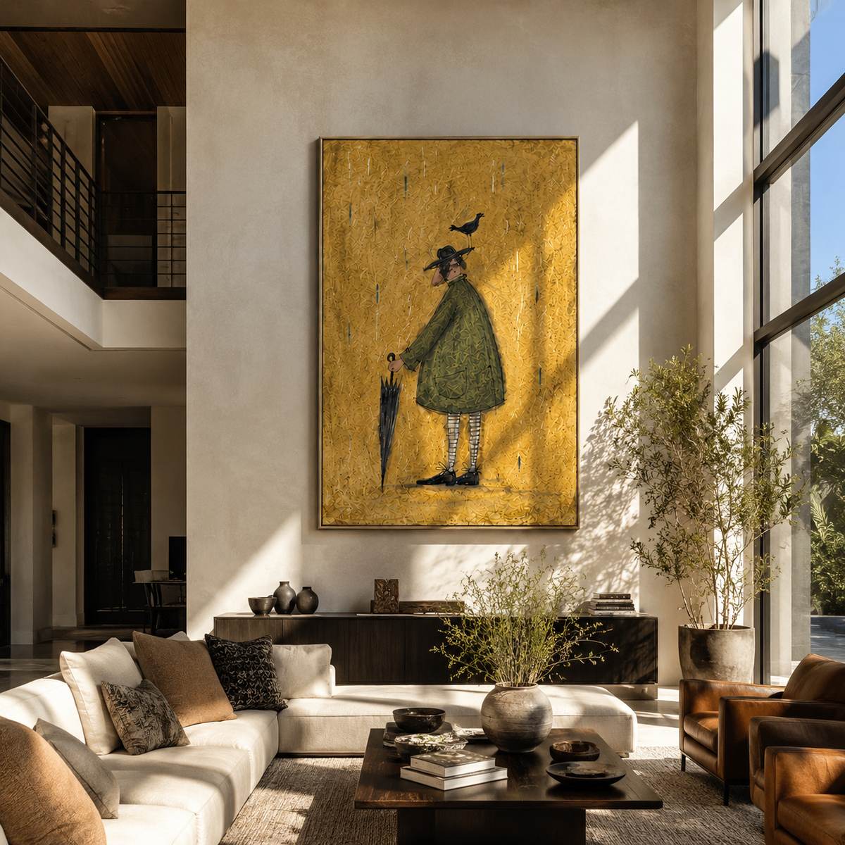 Black Bird Green Coat people and pets wall art above contemporary furnishings