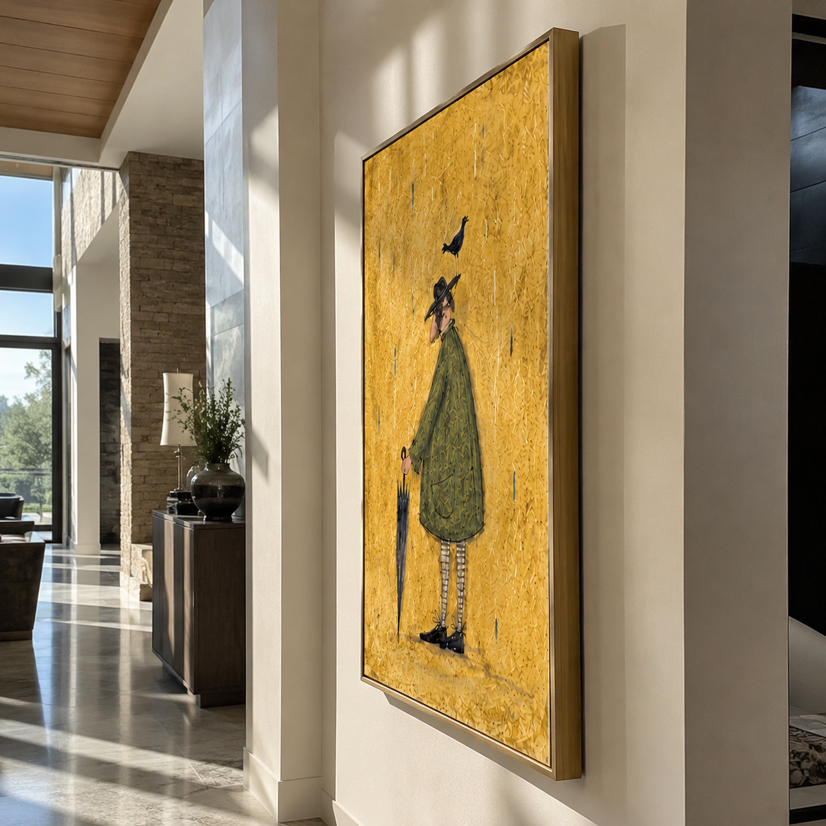 Black Bird Green Coat displayed with natural materials and quiet decor