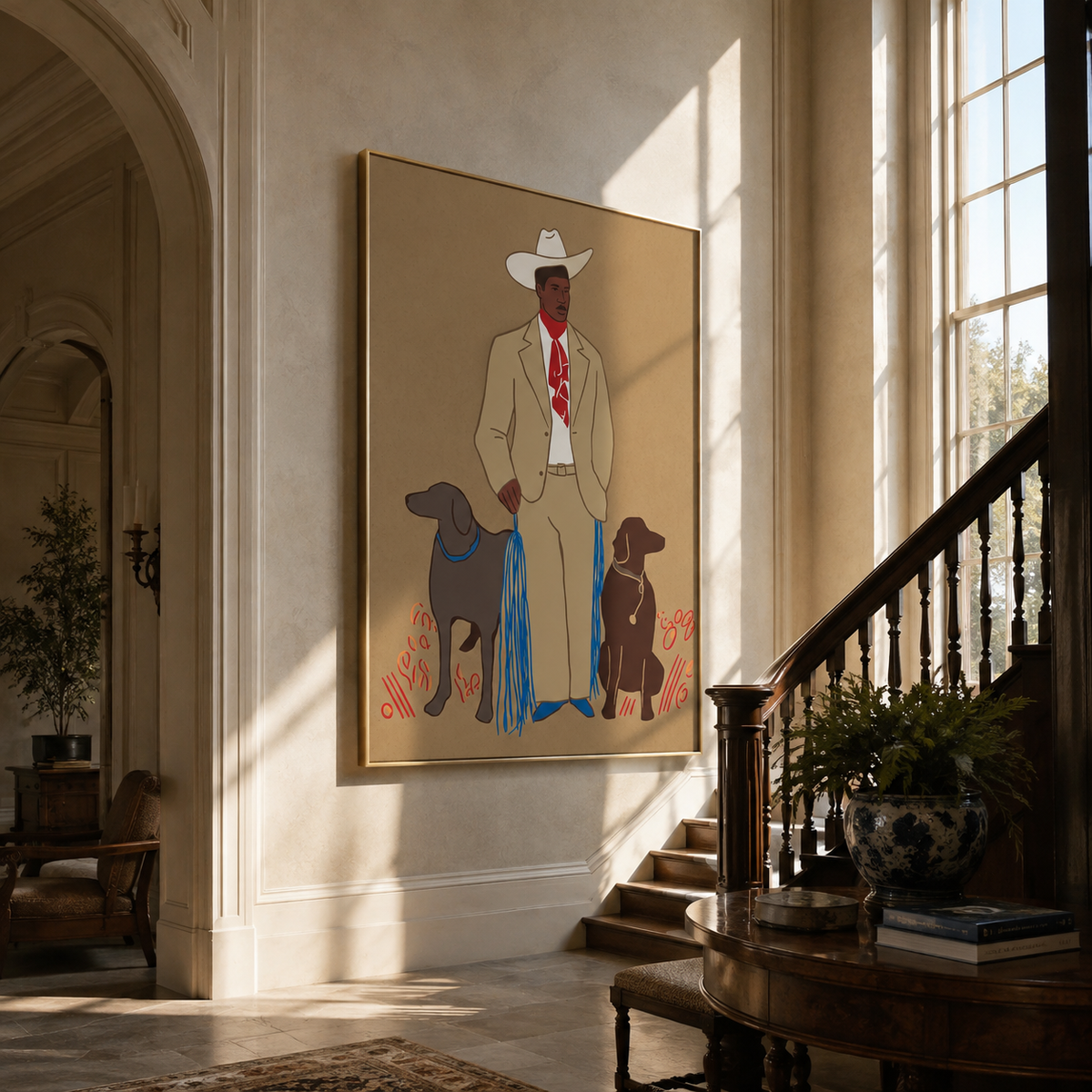 Cowboy Between Two Hounds cowboy with two dogs painting displayed in a styled interior