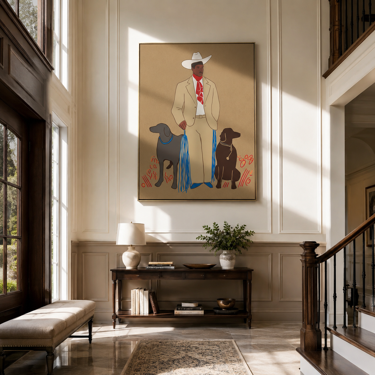 Cowboy Between Two Hounds people and pets wall art above contemporary furnishings