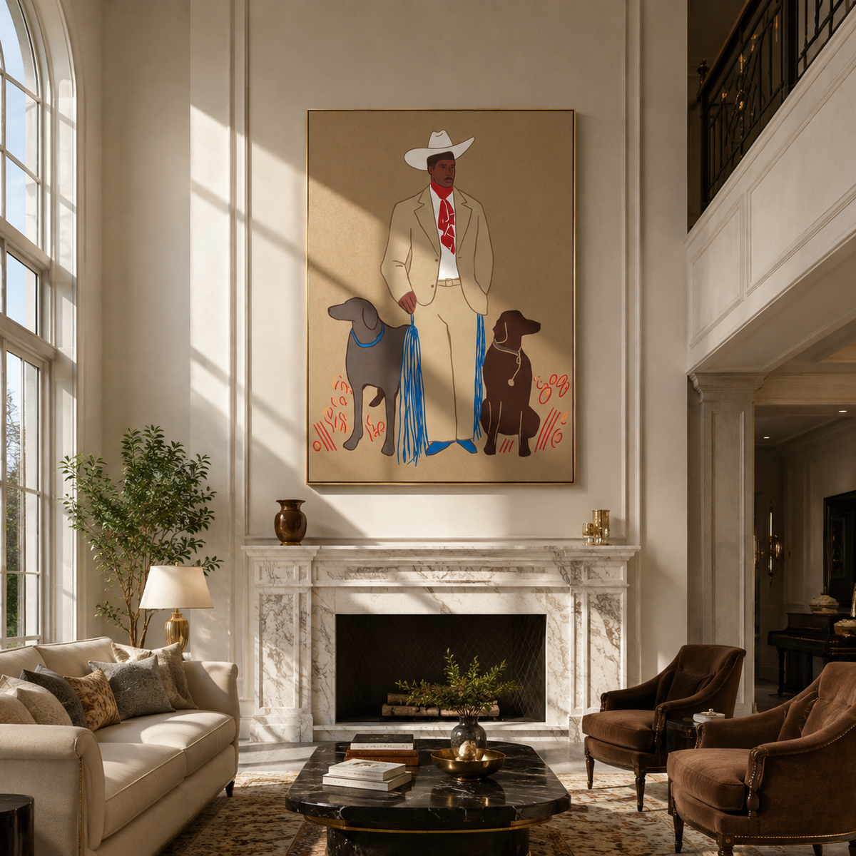 Cowboy Between Two Hounds painting presented in an alternate room setting