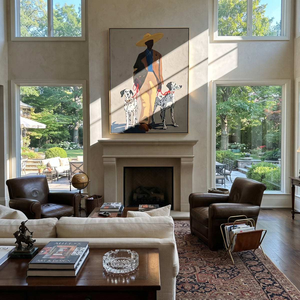 Spotted Dogs Guard Yellow cowboy with two dalmatians painting displayed in a styled interior