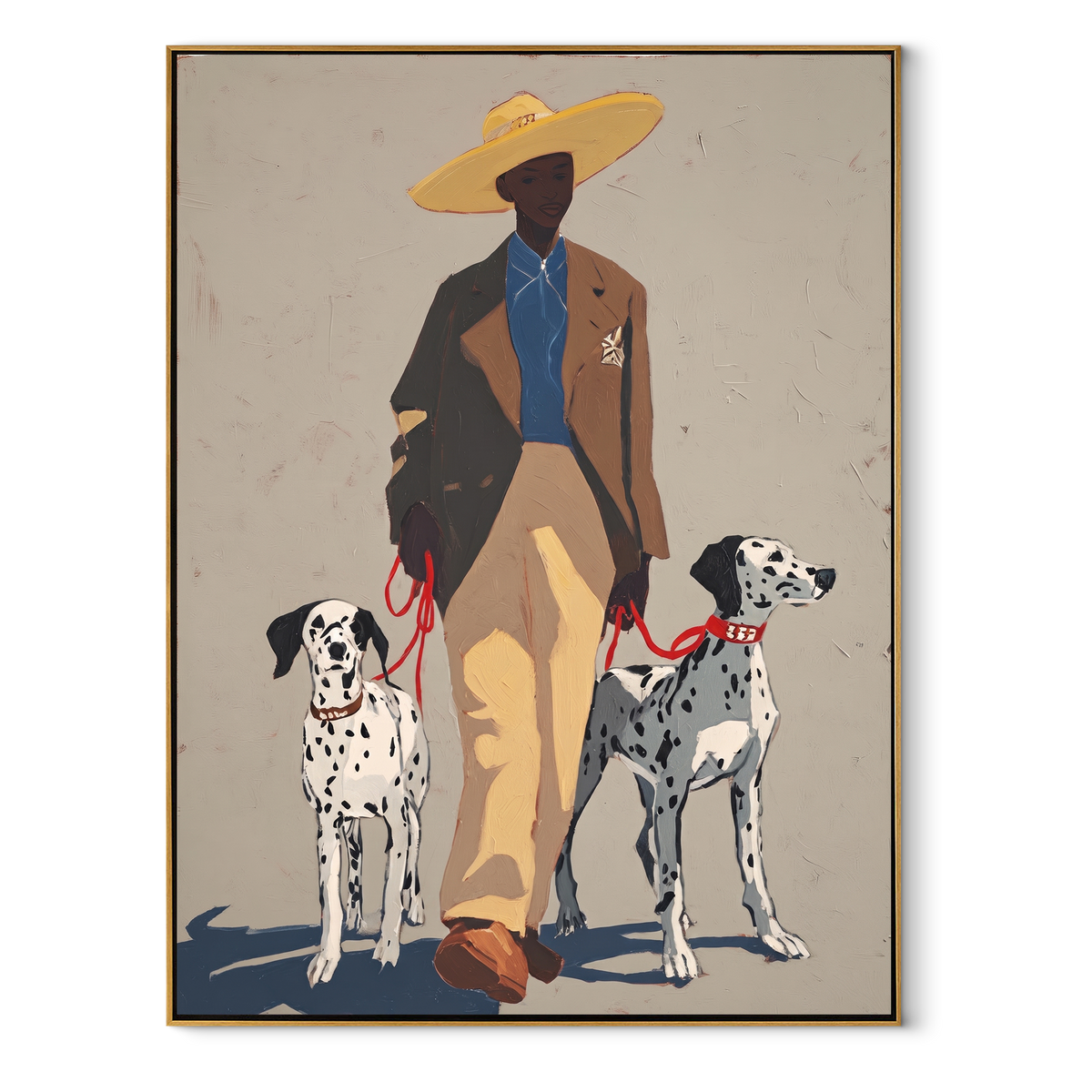 Spotted Dogs Guard Yellow vertical painting in a wood frame on a white background