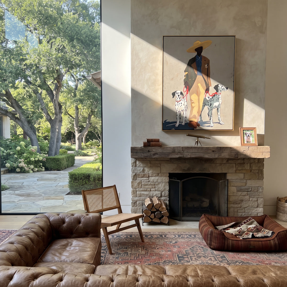 Spotted Dogs Guard Yellow people and pets wall art above contemporary furnishings