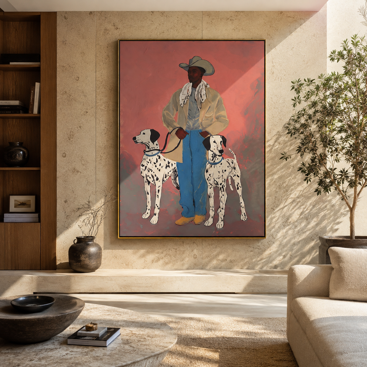 Two Dalmatians Pink Evening people and pets wall art above contemporary furnishings