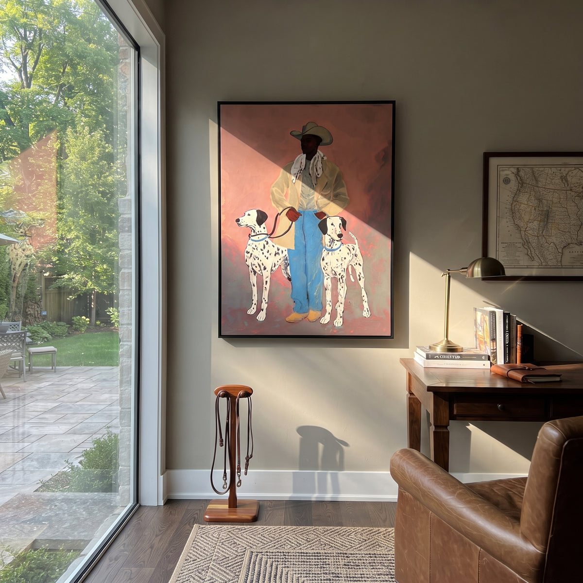 Two Dalmatians Pink Evening painting presented in an alternate room setting