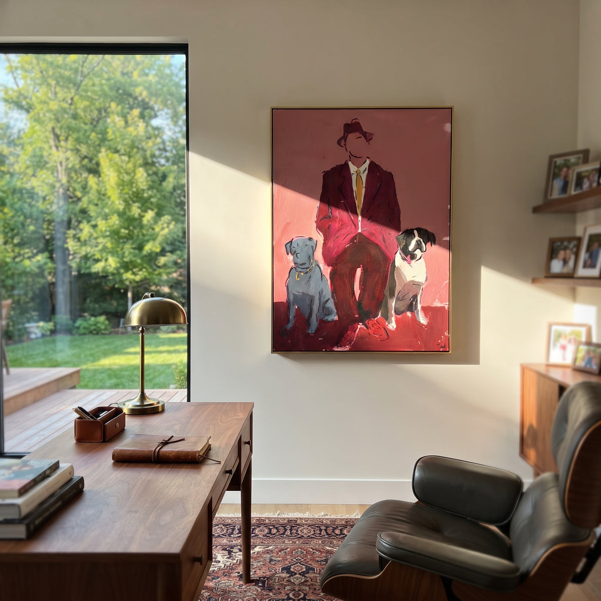 Red Suit Keeps Company seated man with two dogs painting displayed in a styled interior