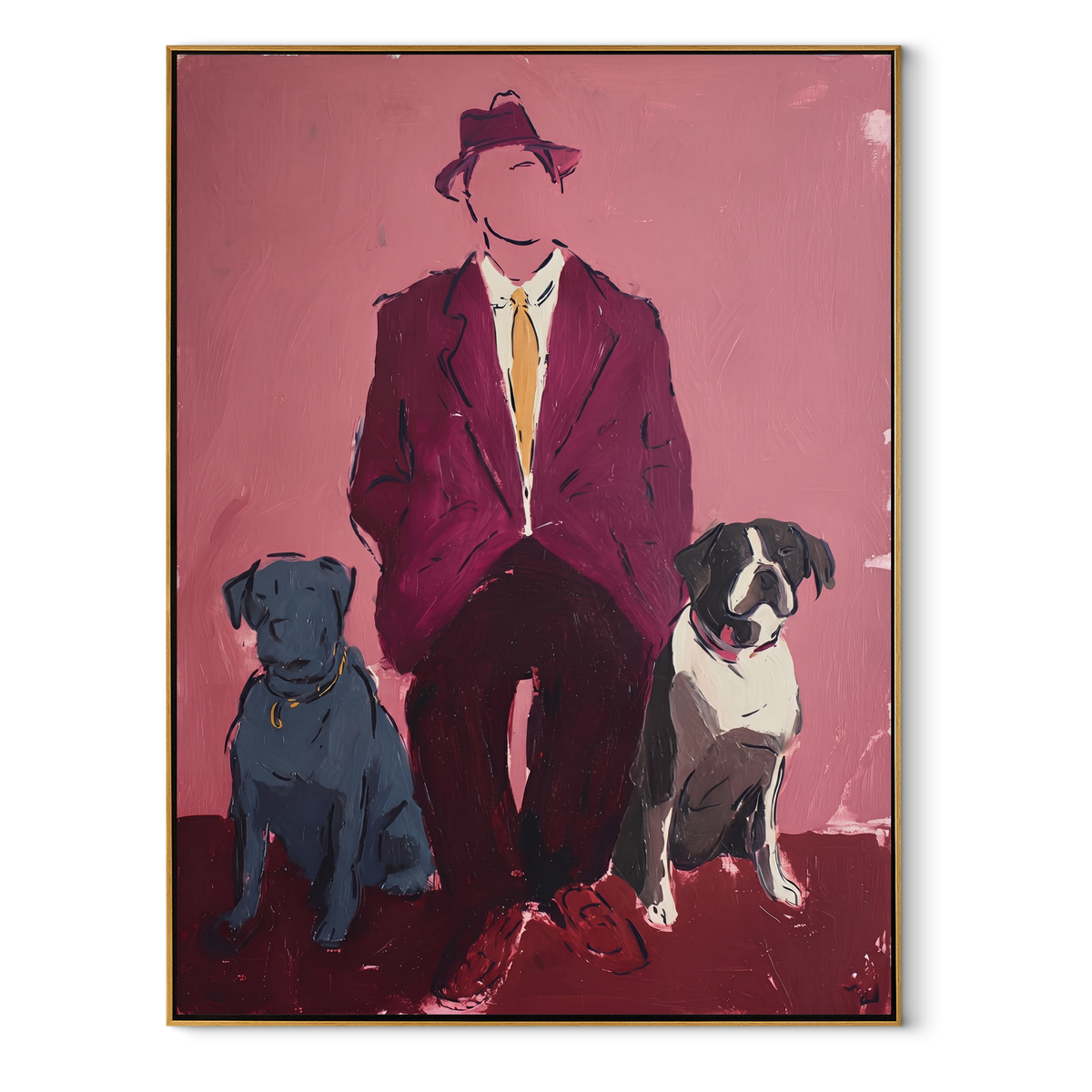 Red Suit Keeps Company vertical painting in a wood frame on a white background