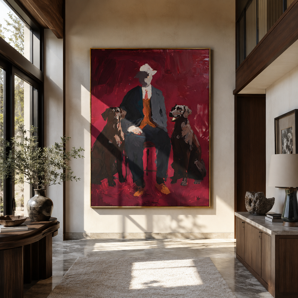 Burgundy Room Loyal Pair seated man and two dogs painting displayed in a styled interior