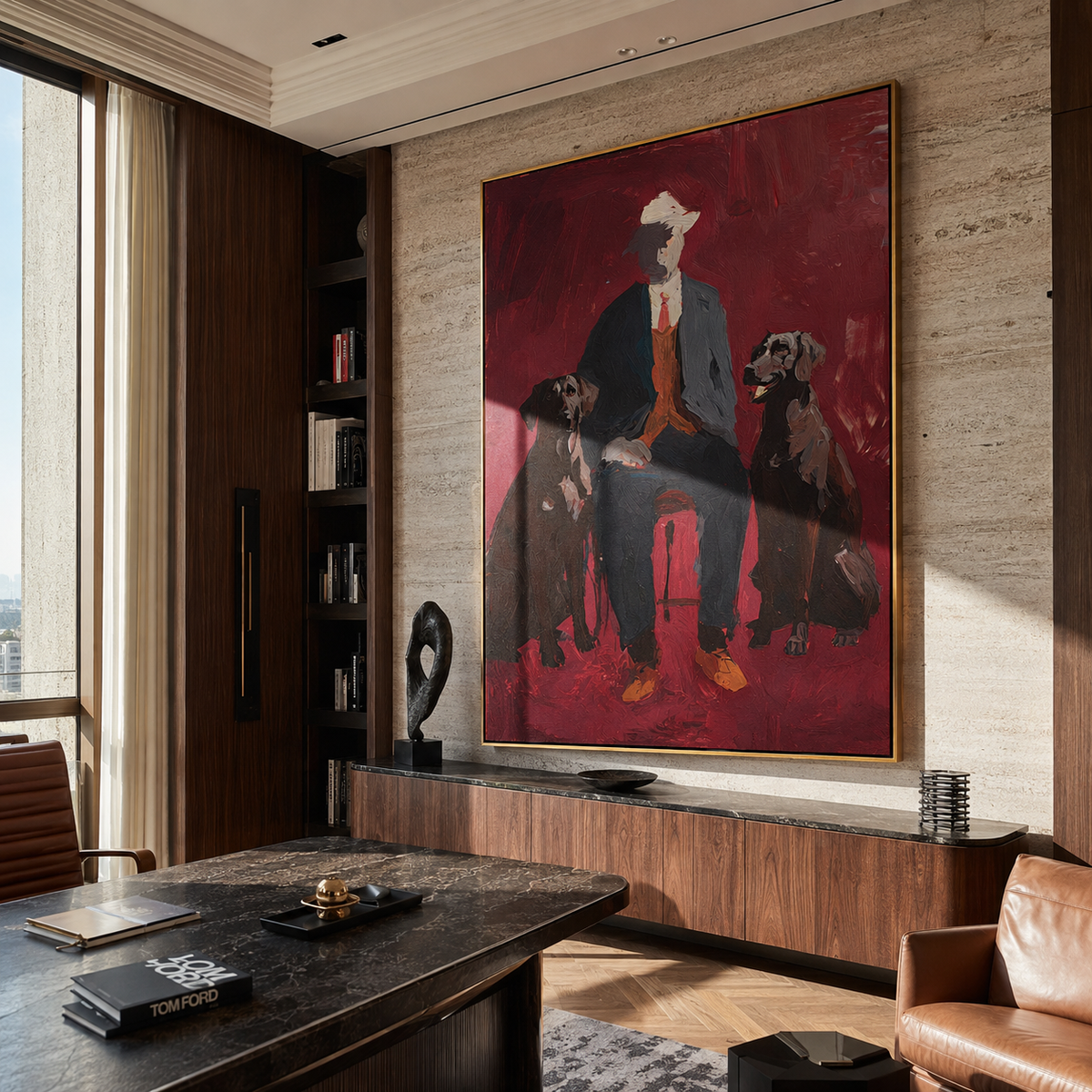 Burgundy Room Loyal Pair people and pets wall art above contemporary furnishings