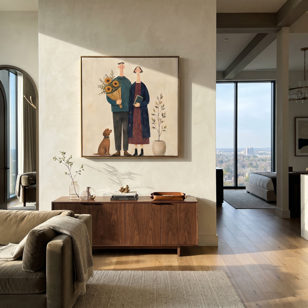 Sunflowers Gather Family Close couple with flowers and dog painting displayed in a styled interior