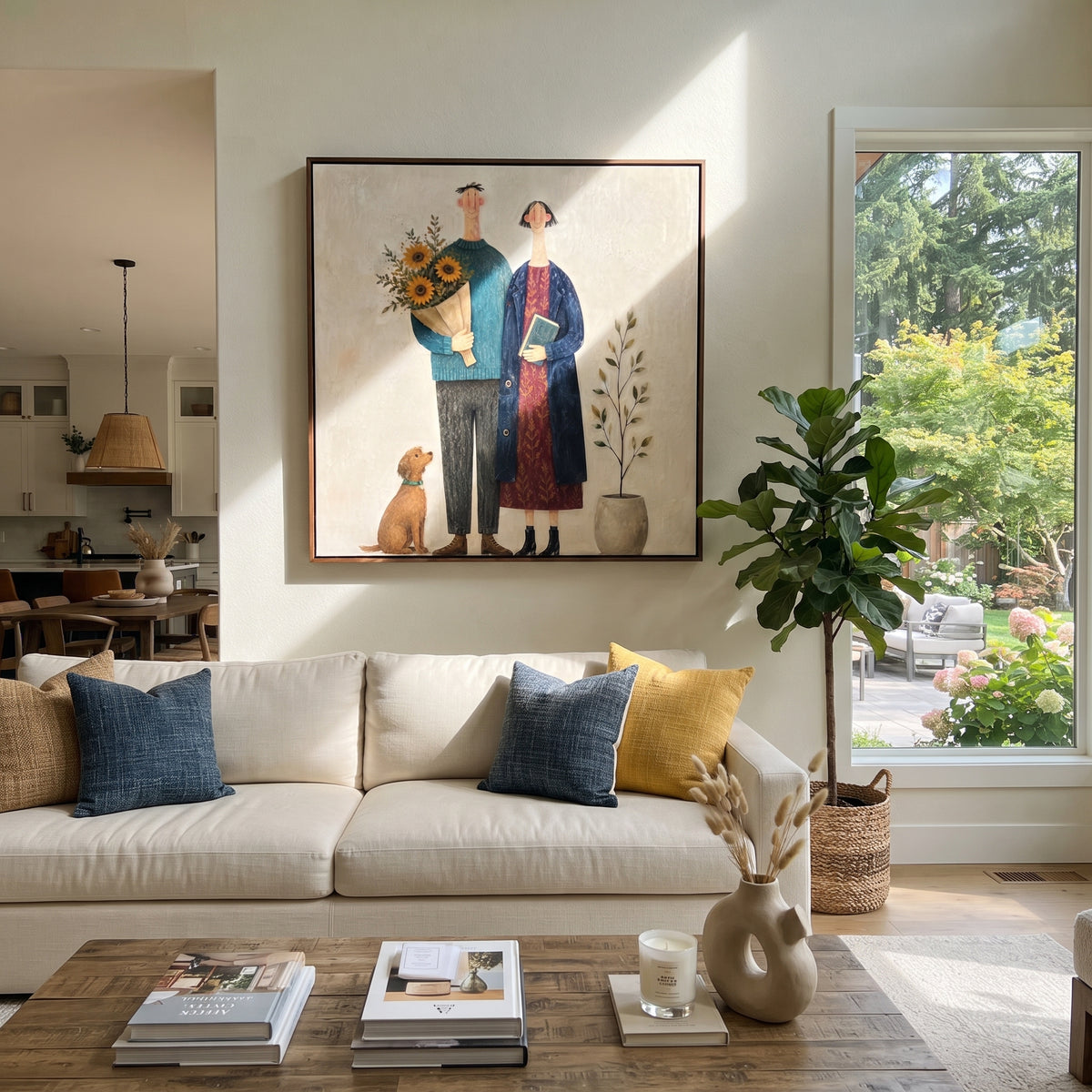 Sunflowers Gather Family Close painting presented in an alternate room setting
