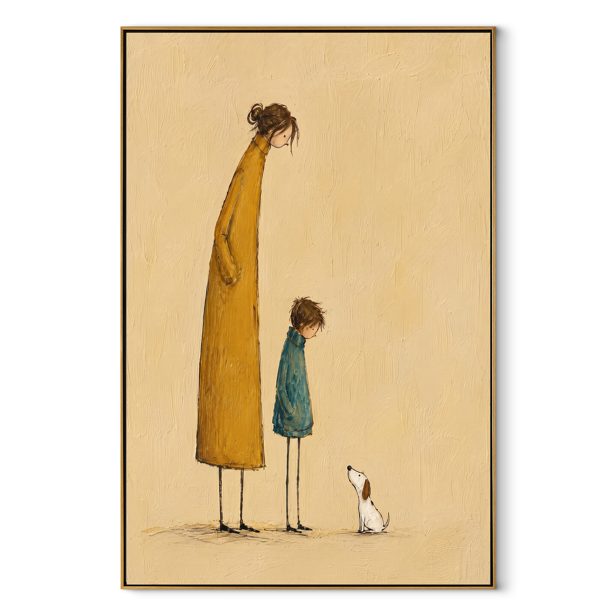 Tall Coat Small Wonders vertical painting in a wood frame on a white background