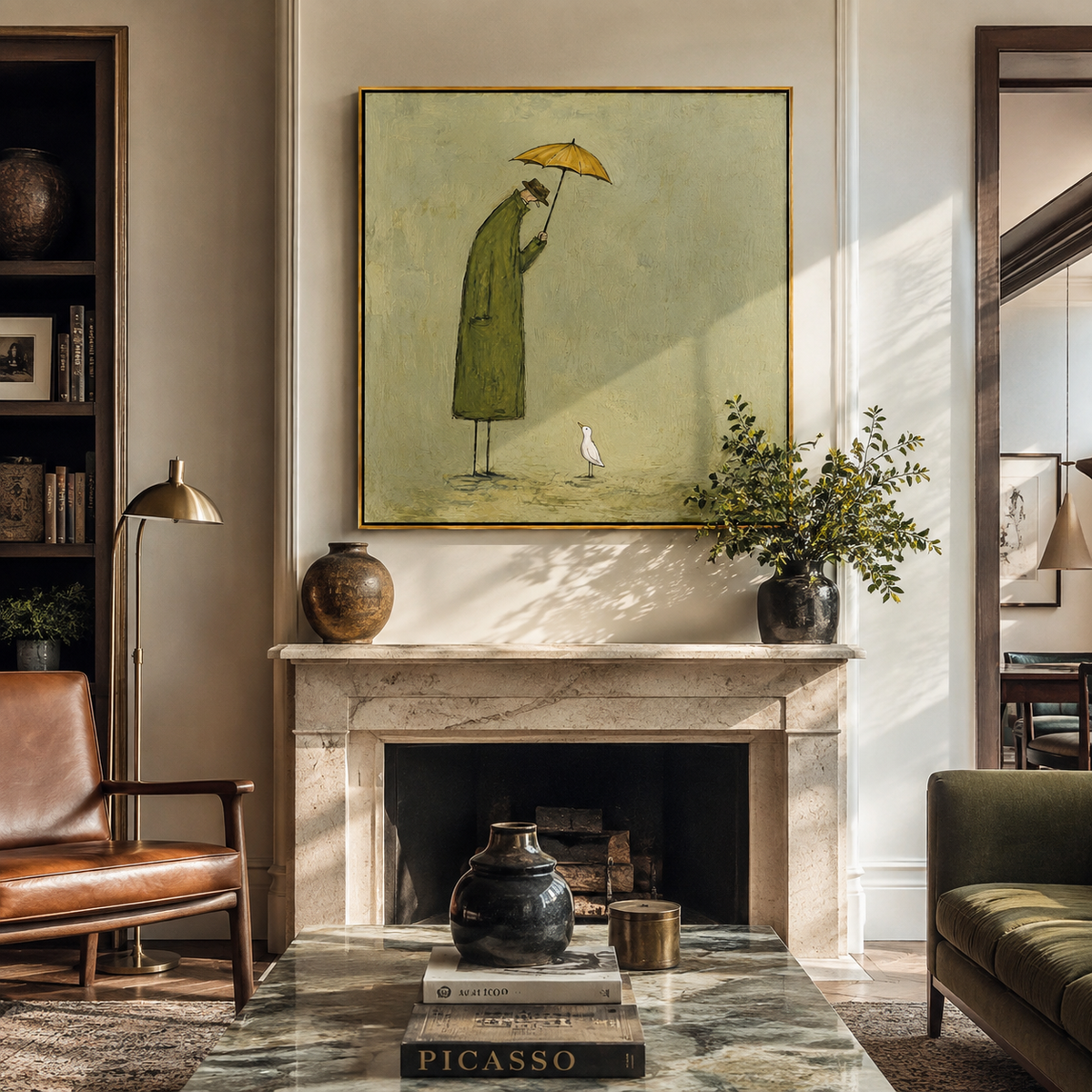 Umbrella Above White Duck person with umbrella and duck painting displayed in a styled interior