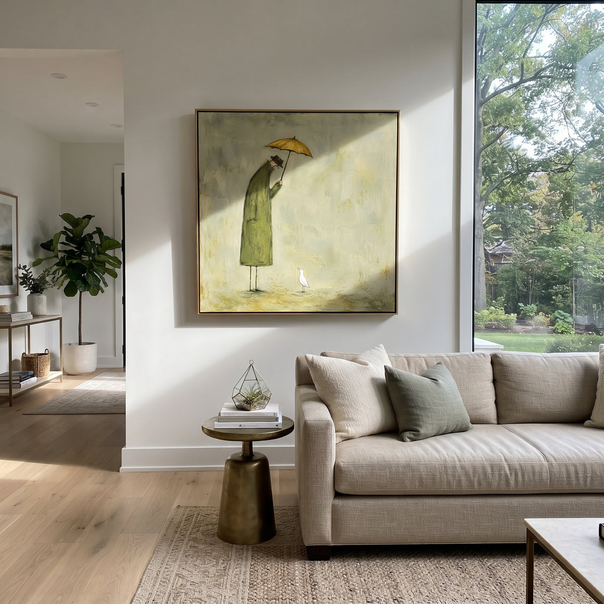 Umbrella Above White Duck artwork styled as a warm modern focal point