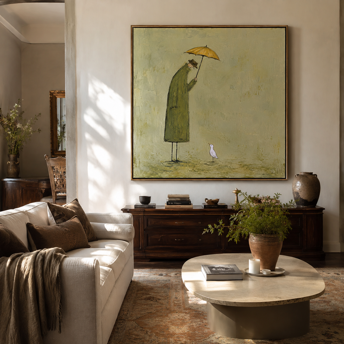 Umbrella Above White Duck displayed with natural materials and quiet decor