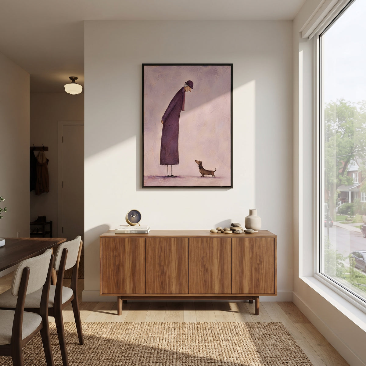 Purple Coat Bends Kindly people and pets wall art above contemporary furnishings