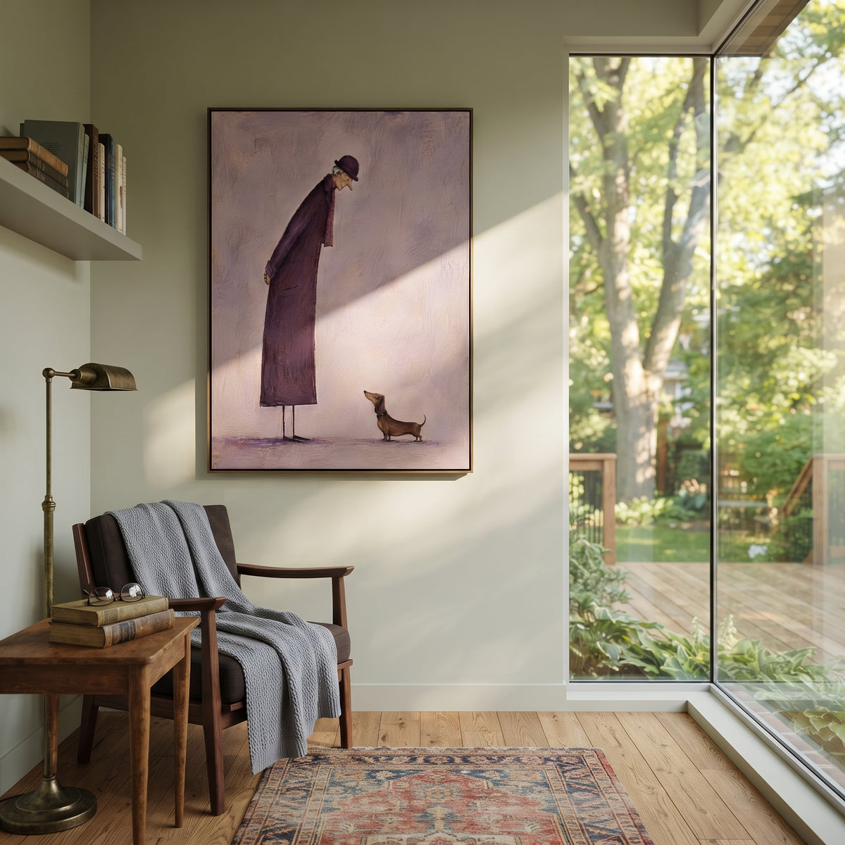 Purple Coat Bends Kindly artwork styled as a warm modern focal point