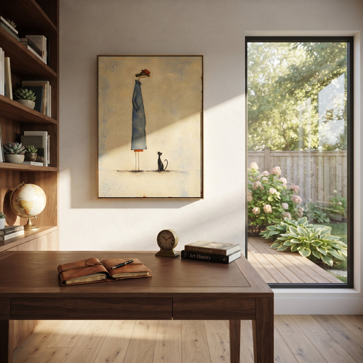 Blue Figure Black Cat people and pets wall art above contemporary furnishings