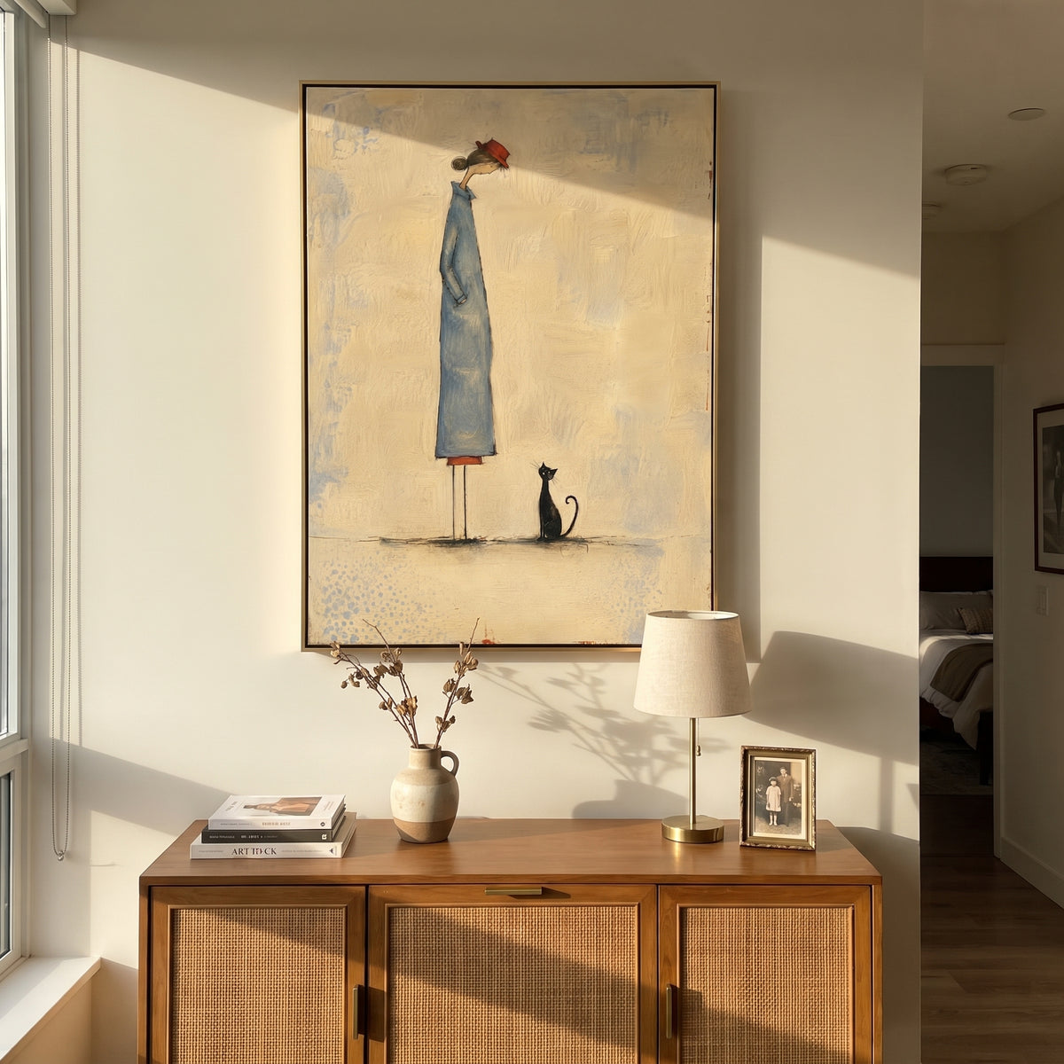 Blue Figure Black Cat displayed with natural materials and quiet decor