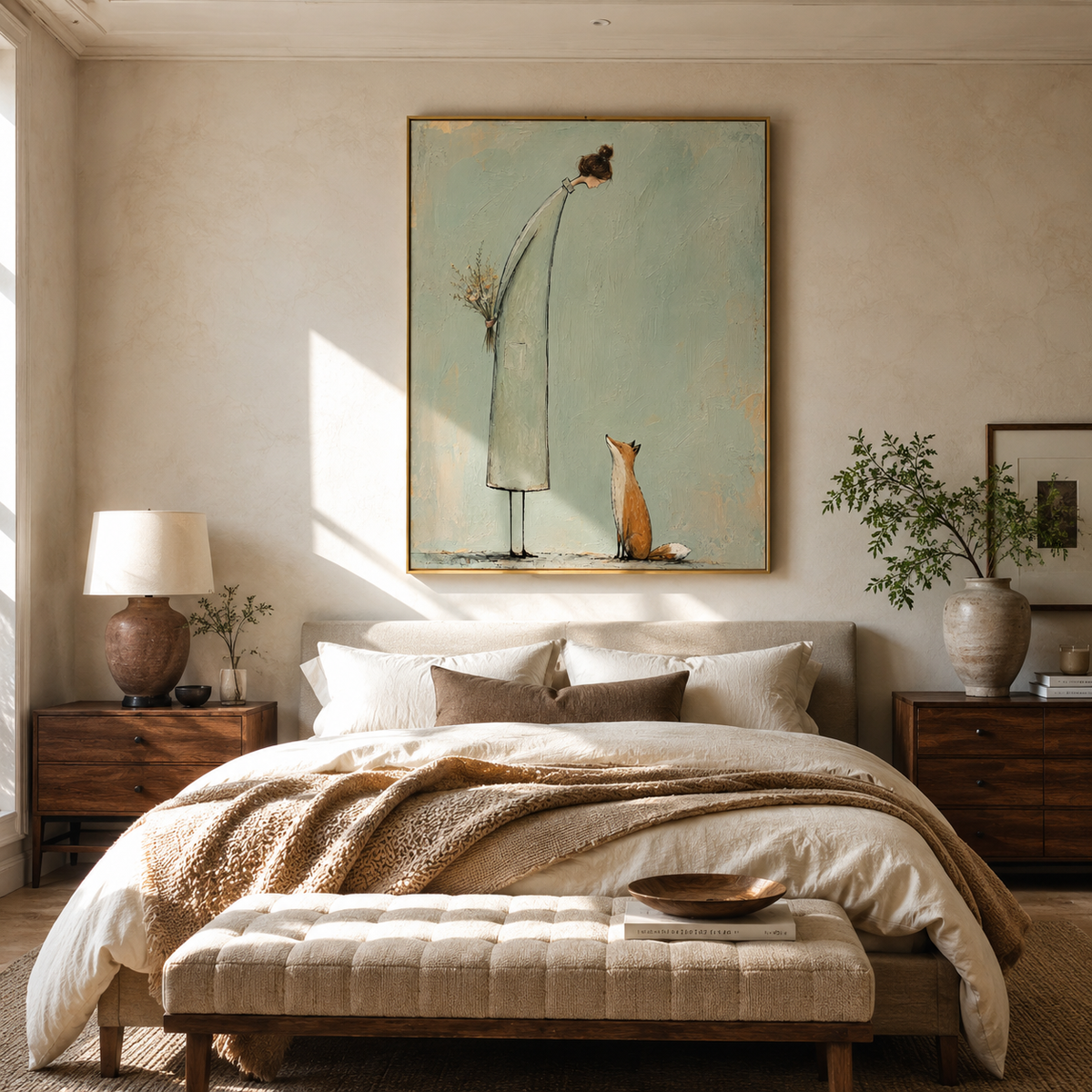 Fox Waits Beside White painting presented in an alternate room setting