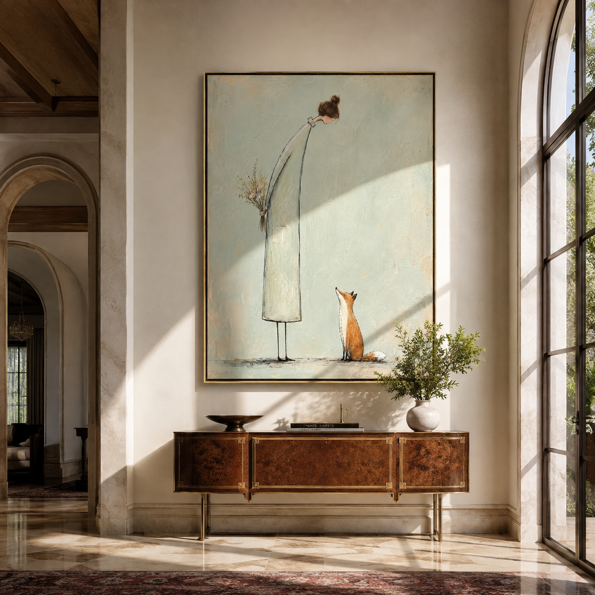 Fox Waits Beside White artwork styled as a warm modern focal point