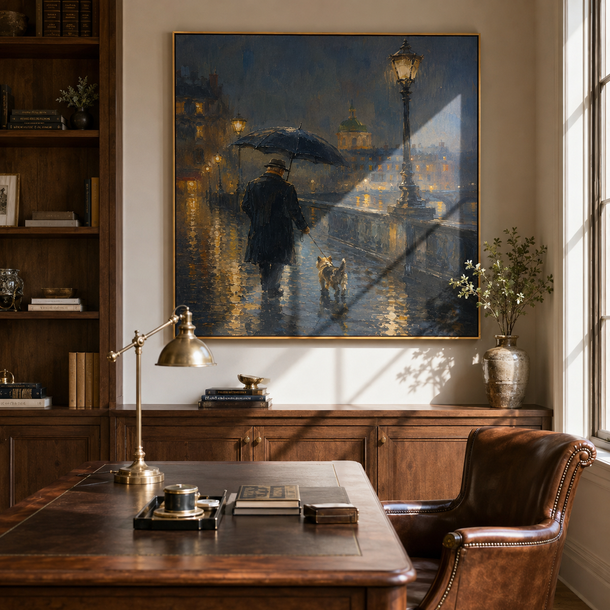 Lamplight Guides Rainy Walk person and dog rainy city painting displayed in a styled interior