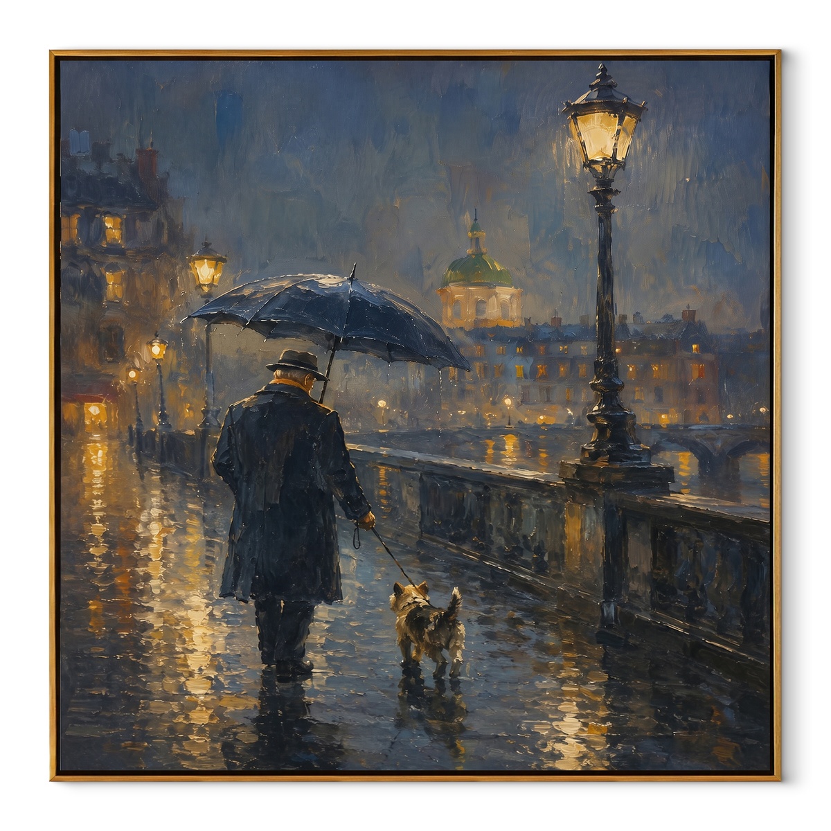 Lamplight Guides Rainy Walk square painting in a wood frame on a white background