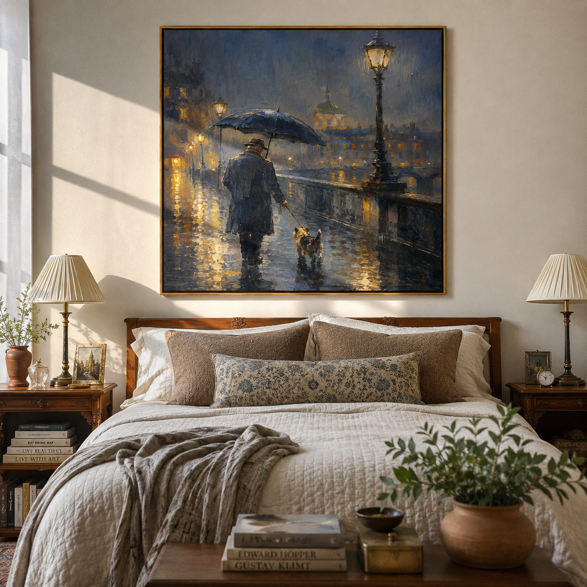 Lamplight Guides Rainy Walk people and pets wall art above contemporary furnishings