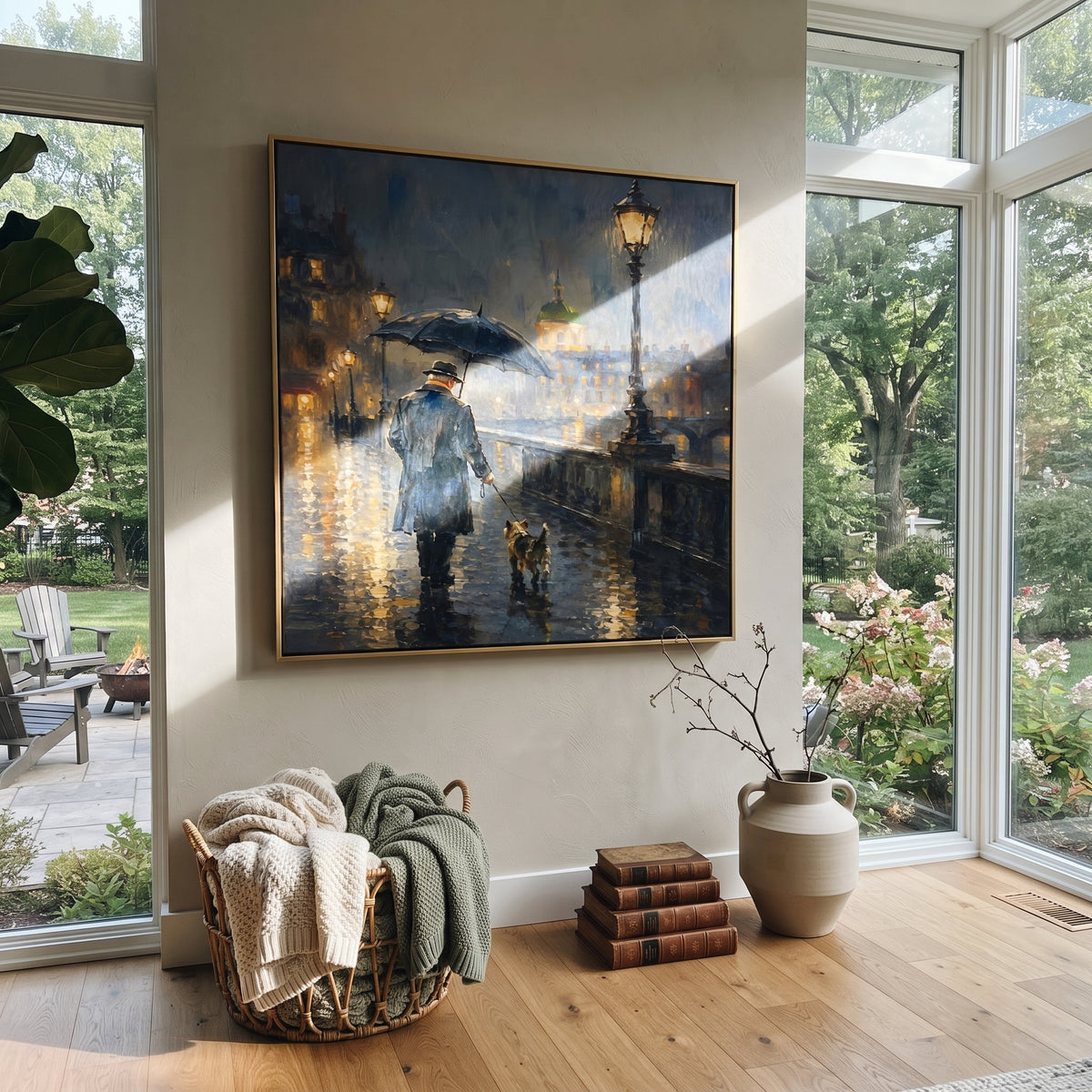 Lamplight Guides Rainy Walk artwork styled as a warm modern focal point