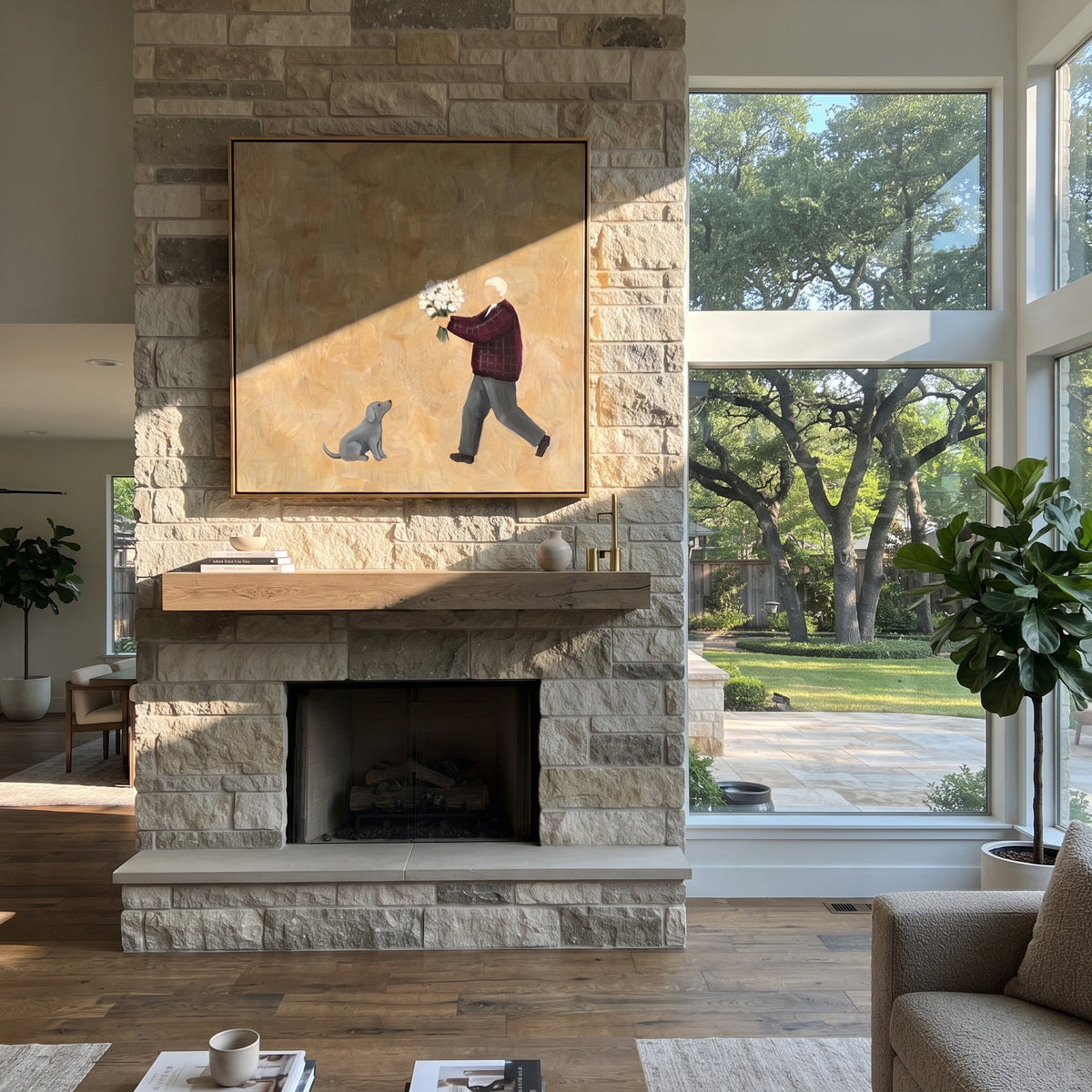 Flowers Meet Grey Cat person with flowers and cat painting displayed in a styled interior