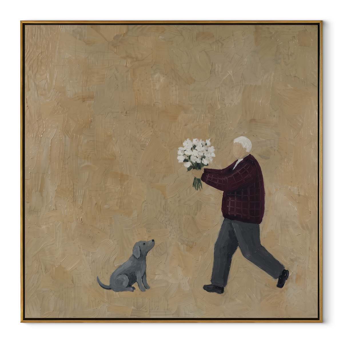 Flowers Meet Grey Cat square painting in a wood frame on a white background