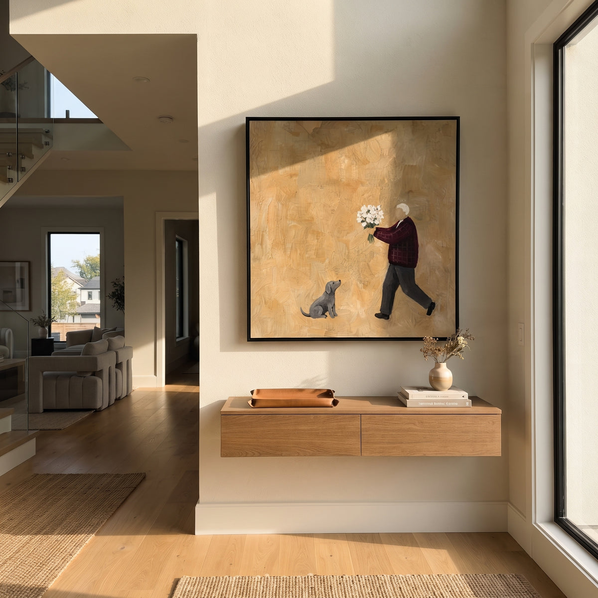Flowers Meet Grey Cat painting presented in an alternate room setting