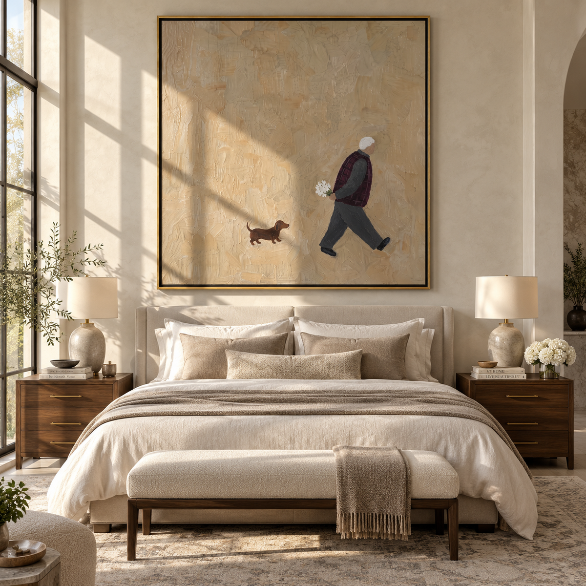 Small Hound Follows Flowers elder with flowers and dog painting displayed in a styled interior