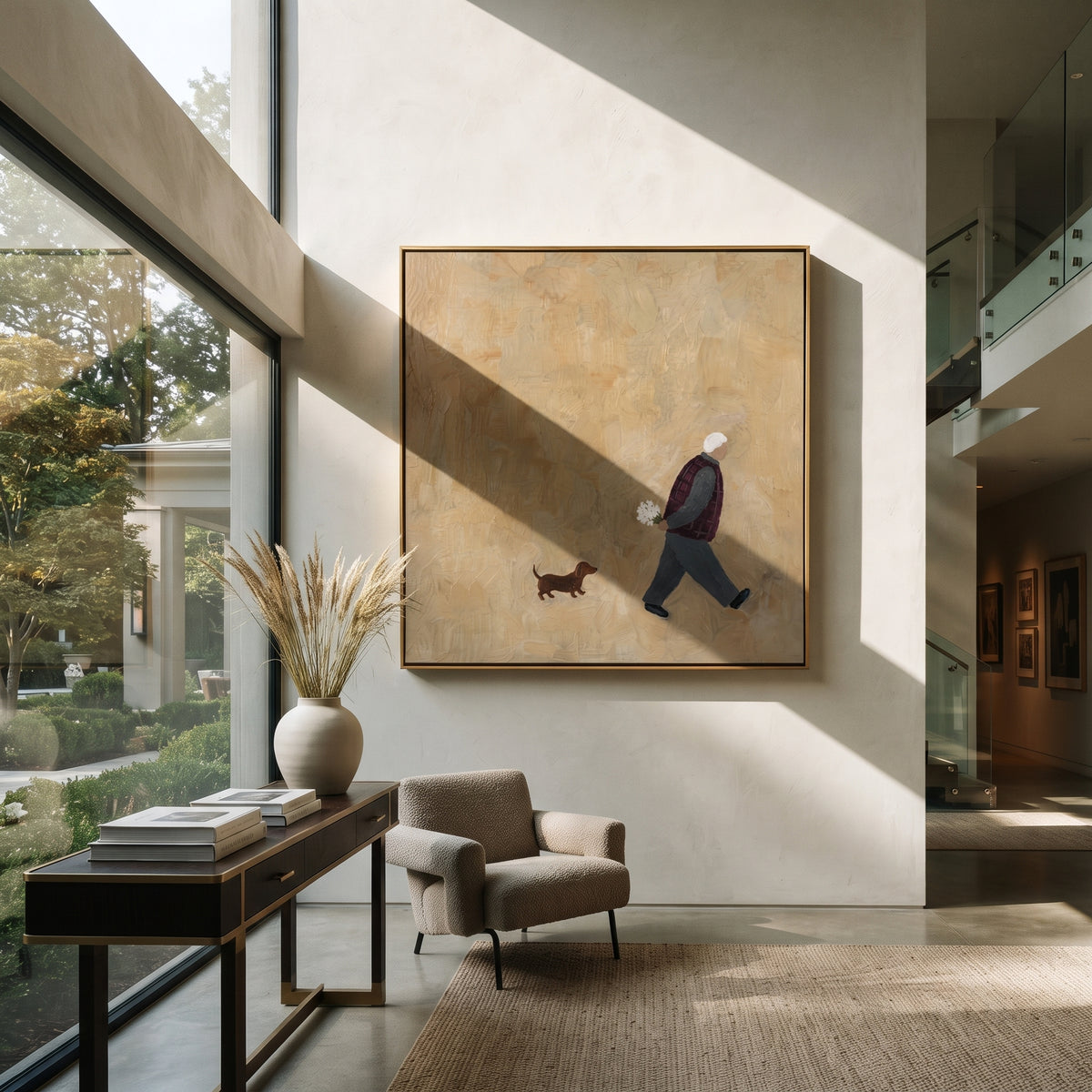 Small Hound Follows Flowers artwork styled as a warm modern focal point