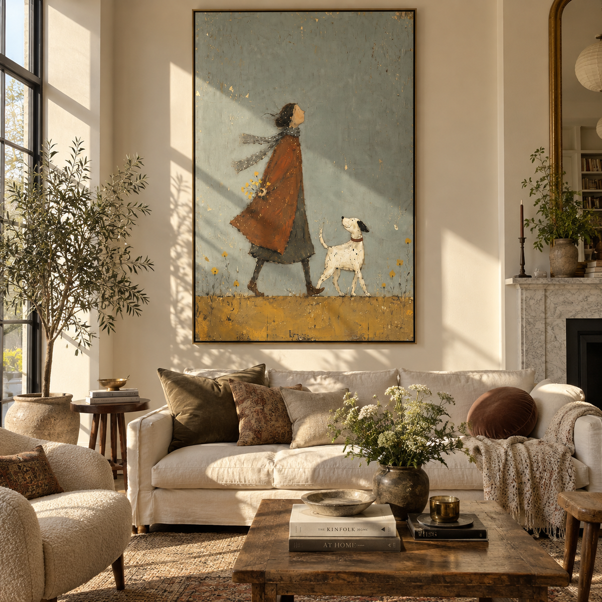 Amber Walk Keeps Pace painting displayed above modern furnishings