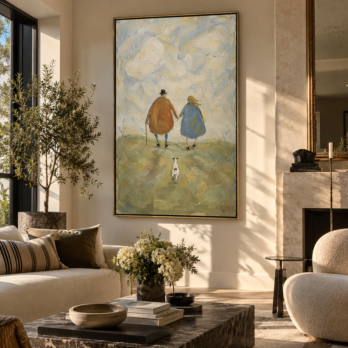 Winter Path for Three painting displayed above modern furnishings