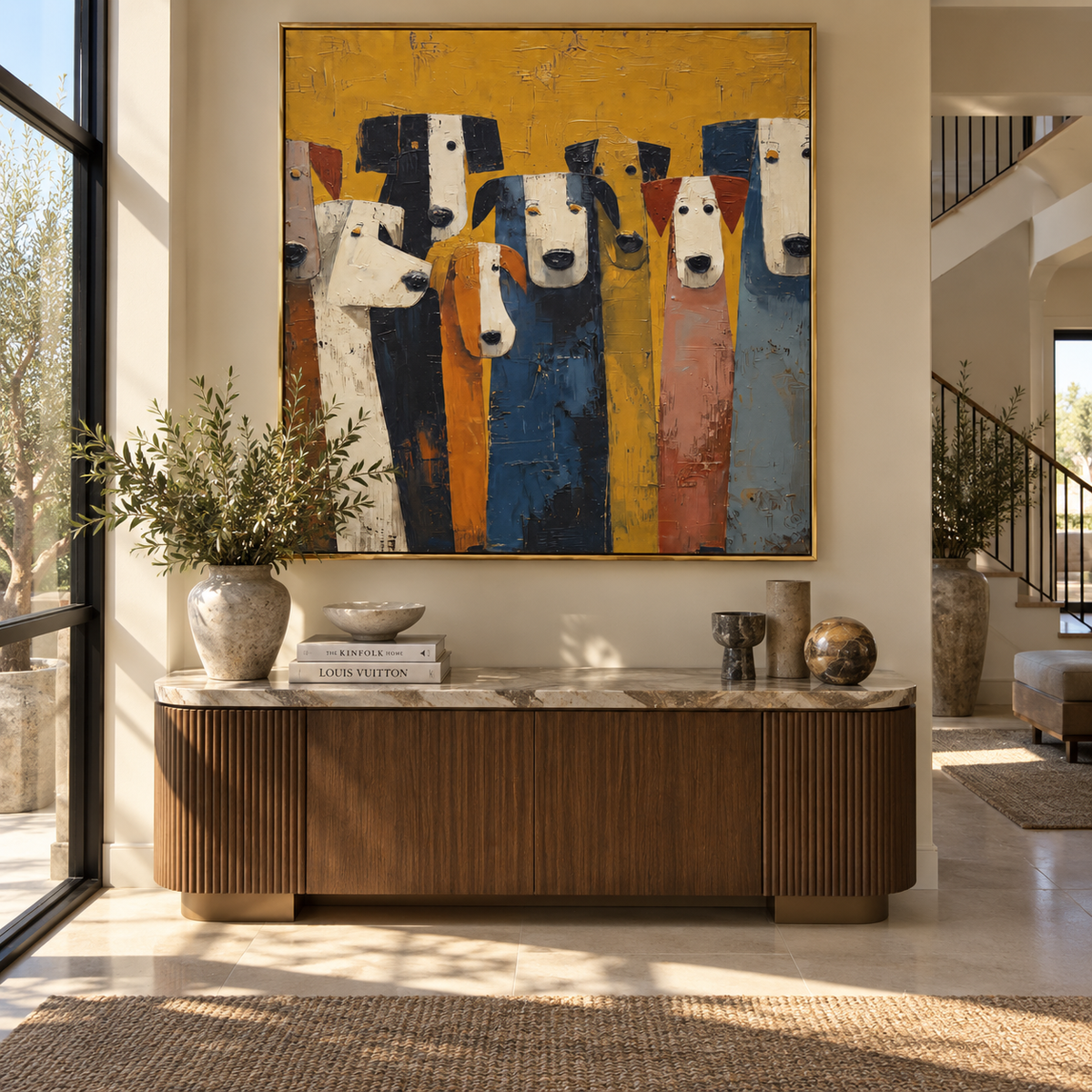 Many Hounds Wait Together colorful dog group painting displayed in a styled interior
