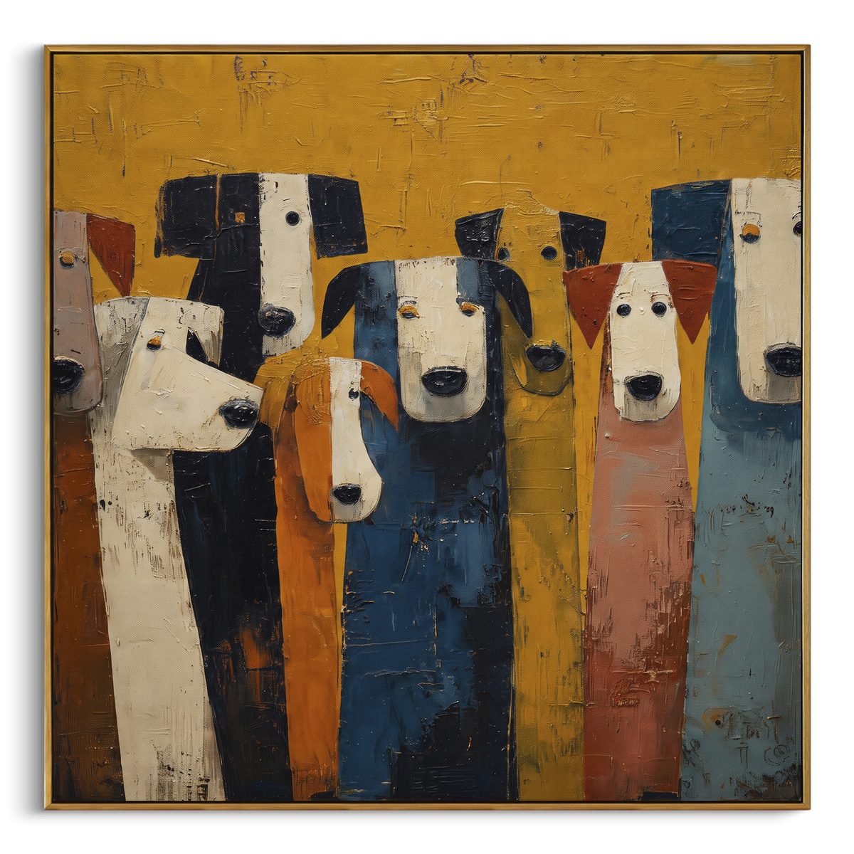 Many Hounds Wait Together square painting in a wood frame on a white background